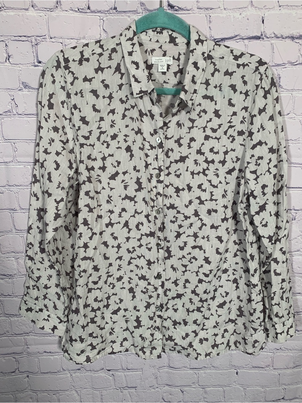 J.Jill Womens Love Linen Floral Button Down Brown Gray Sz MP Lightweight Casual